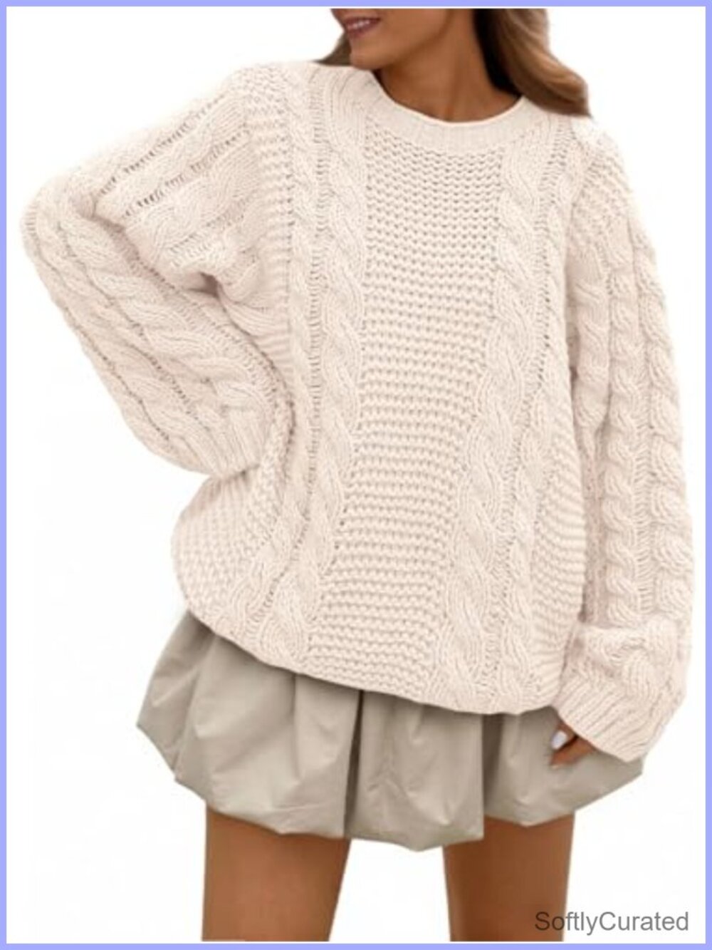 Oversized Cable Knit Cotton Pullover Sweater Crew Neck Long Sleeve